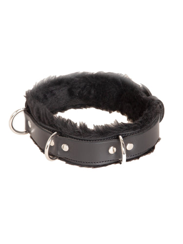 Leather Triple D Ring Lockable Choker With Fur Lining
