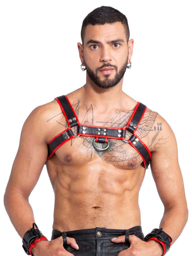 Men's Classic Leather Chest Harness in Black & Red