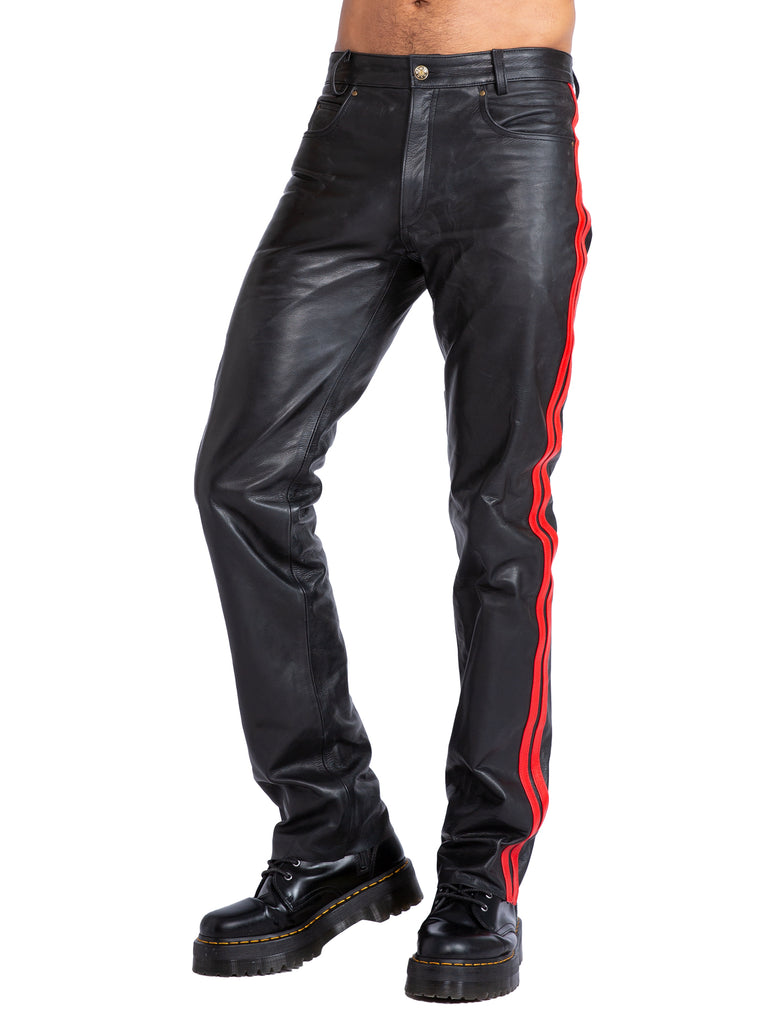 Red Stripe Leather Trousers - Honour Clothing