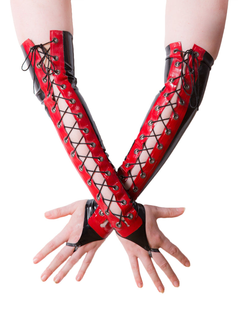 Lace Up Latex Fingerless Gloves - Honour Clothing