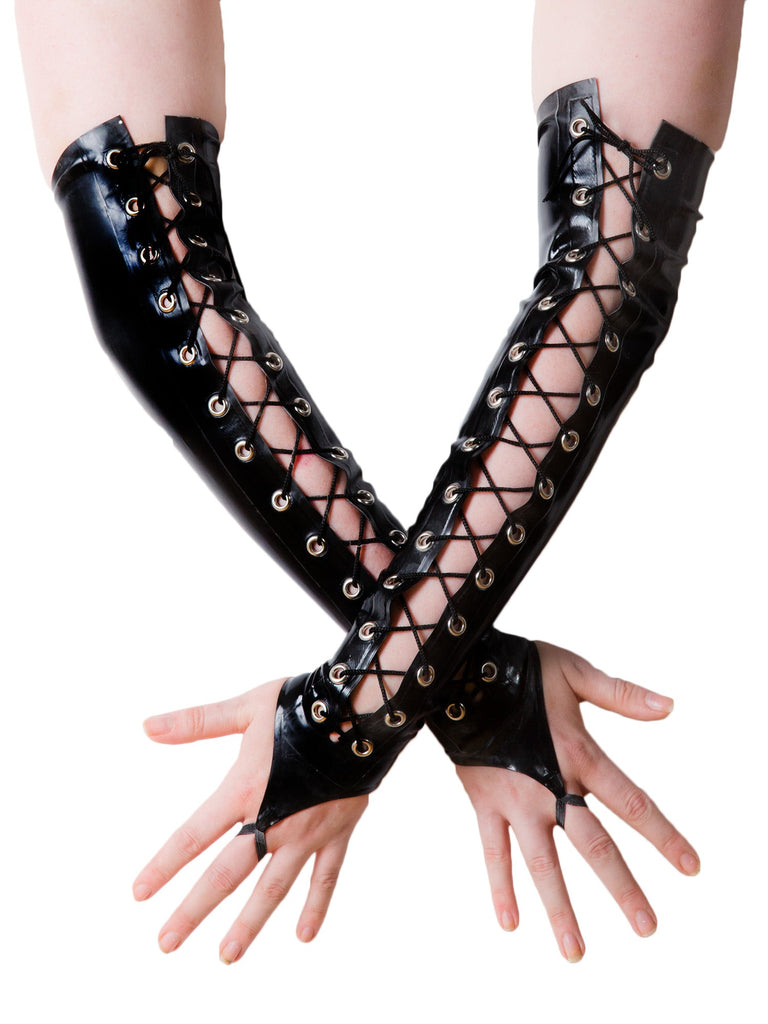 Lace Up Latex Fingerless Gloves - Honour Clothing