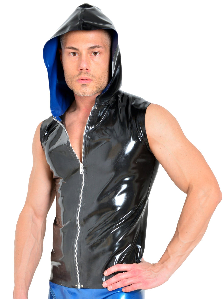 Latex/Rubber Black & Blue Sleeveless Zipped Hoody – Honour Clothing