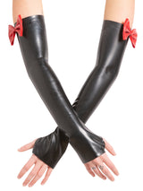 Latex Black Elbow Gauntlets With Feature Bow - Honour Clothing