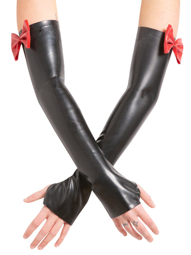 Latex Black Elbow Gauntlets With Feature Bow - Honour Clothing