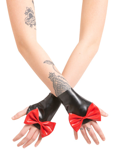 Latex Black Wrist Gauntlets With Feature Bow - Honour Clothing