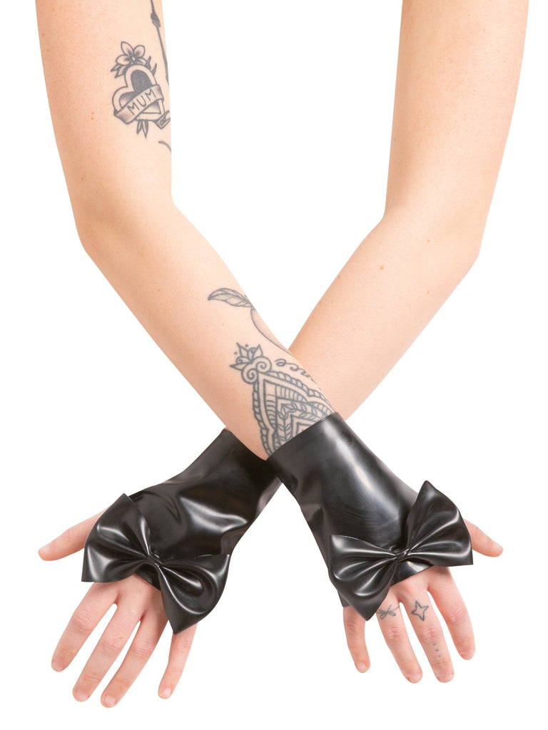 Latex Black Wrist Gauntlets With Feature Bow - Honour Clothing