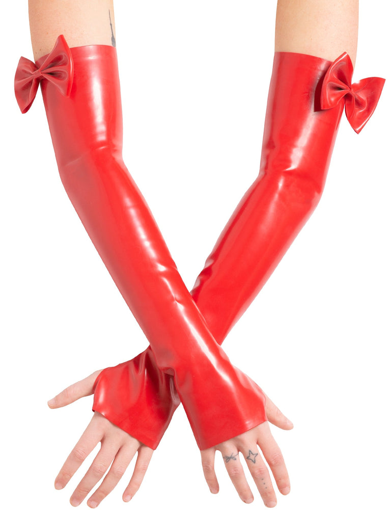 Latex Black/Red Elbow Gauntlets With Feature Bow - Honour Clothing