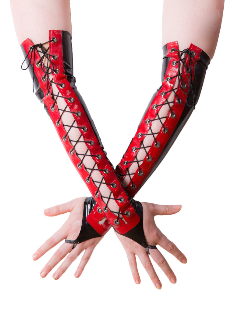Latex Lace Up Fingerless Gloves - Honour Clothing