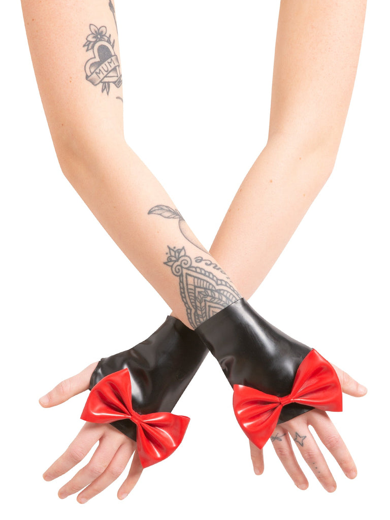 Latex Red Wrist Gauntlets With Feature Bow - Honour Clothing