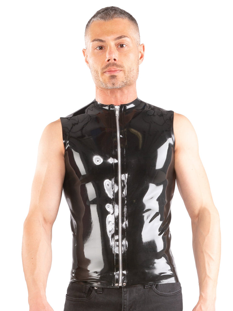 Latex Sleveless T Shirt With Zip-Top-Honourclothing-L-R1108.BLKL-Honour Clothing