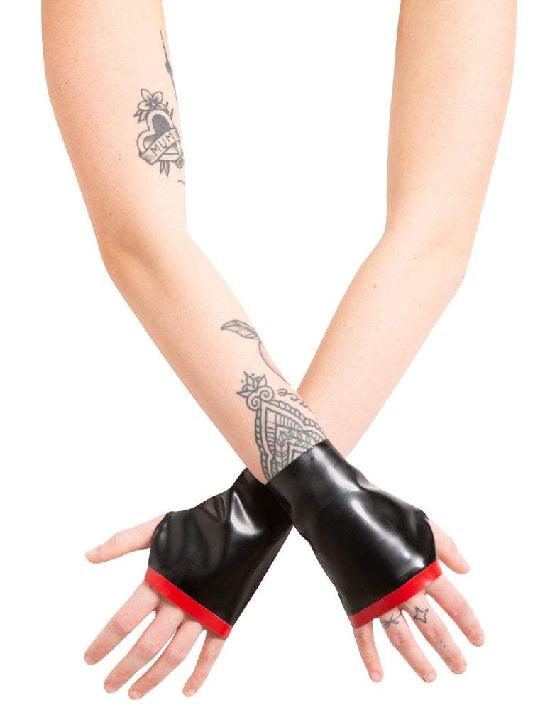 Latex Wrist Gauntlets With Red Trim - Honour Clothing