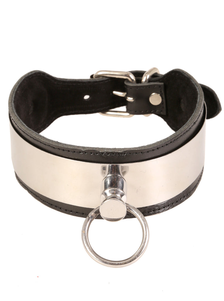 Wide Leather O Ring Choker With Metal Panel