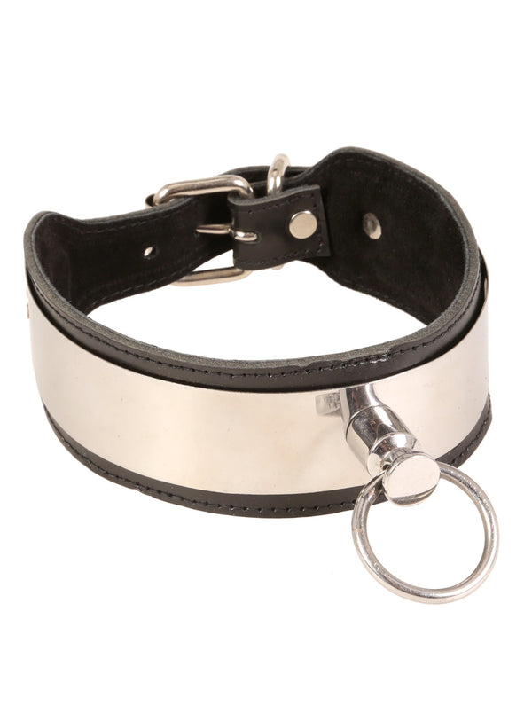 Wide Leather O Ring Choker With Metal Panel