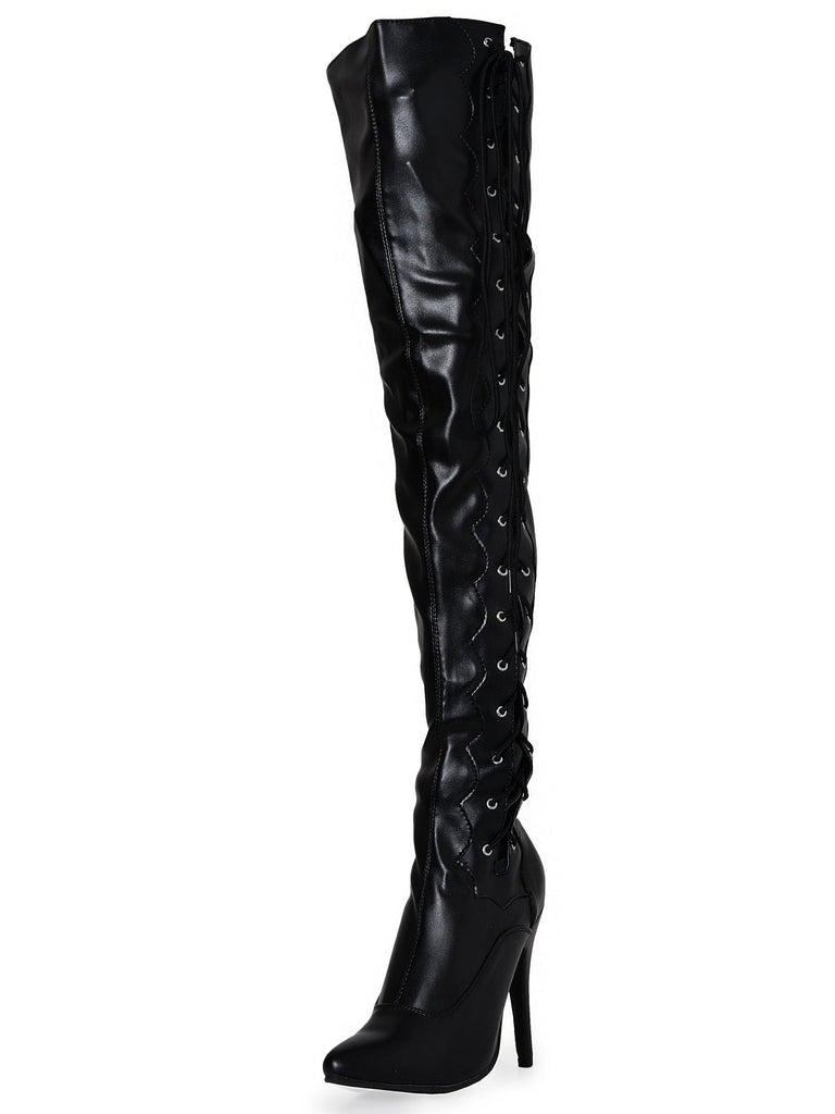 Matte Black Side Laced Thigh Boots - Honour Clothing