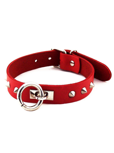 Red Leather Choker with Conical Studs and Removable O Ring