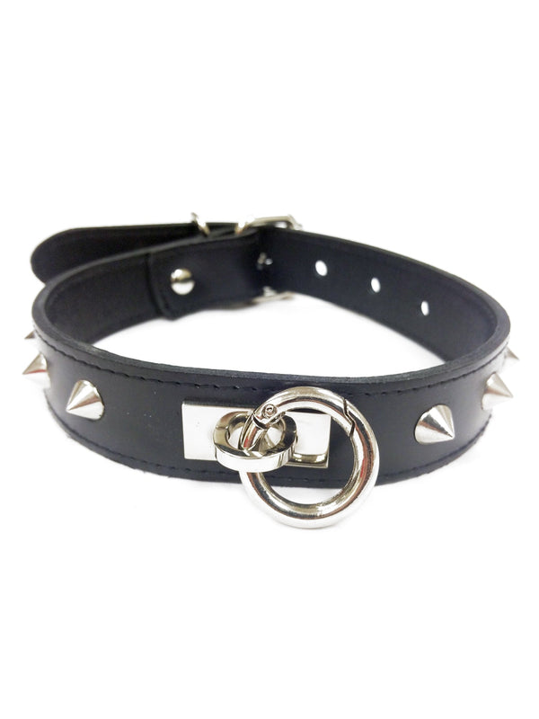 Black Leather Choker with Conical Studs and Removable O Ring