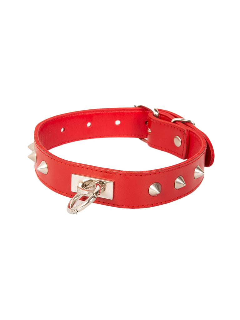 Red Leather Choker with Conical Studs and Removable O Ring
