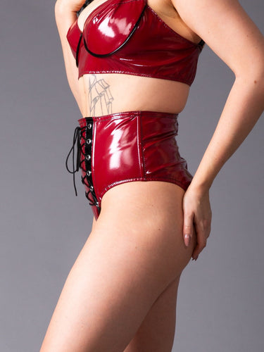 PVC Bordeaux Black Lace Up Knickers - Honour Clothing