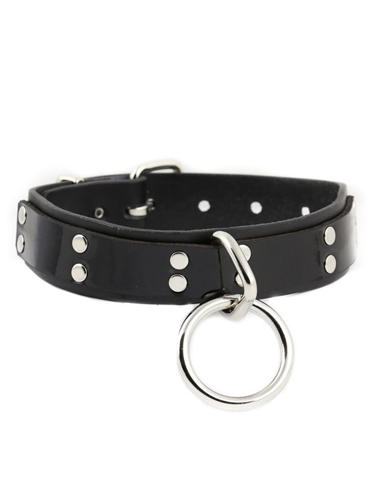 Leather O Ring Choker With Patent Strip & Studs