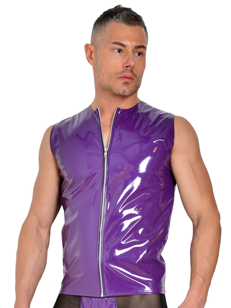 Purple PVC Mens Sleeveless Zip Top - Honour Clothing
