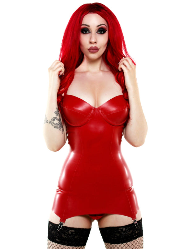 Red Four-Strap Suspender Latex Dress - Honour Clothing