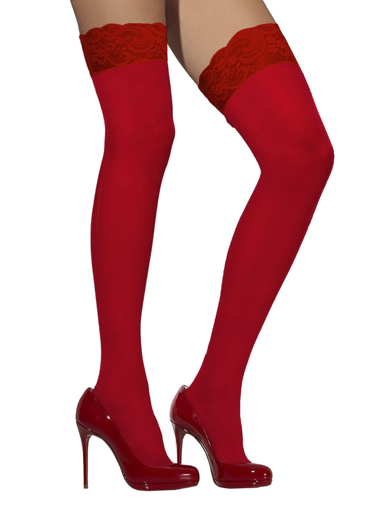 Red with Lace Trip Hold Ups - Honour Clothing