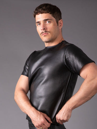 Round Neck Premium Leather T-Shirt - Black - Honour Clothing