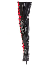 Side Laced Thigh High Boots in Black and Red - Honour Clothing