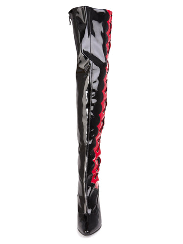 Side Laced Thigh High Boots in Black and Red - Honour Clothing