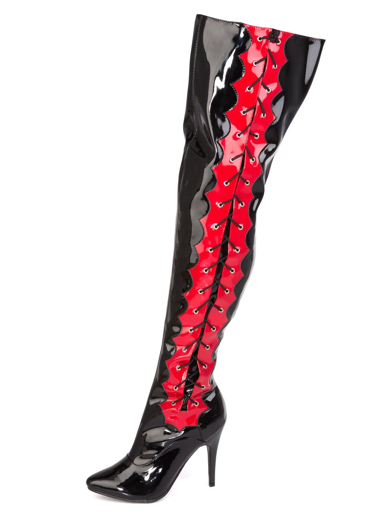 Side Laced Thigh High Boots in Black and Red - Honour Clothing