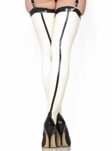 White & Black Latex Seamed Stockings - Honour Clothing
