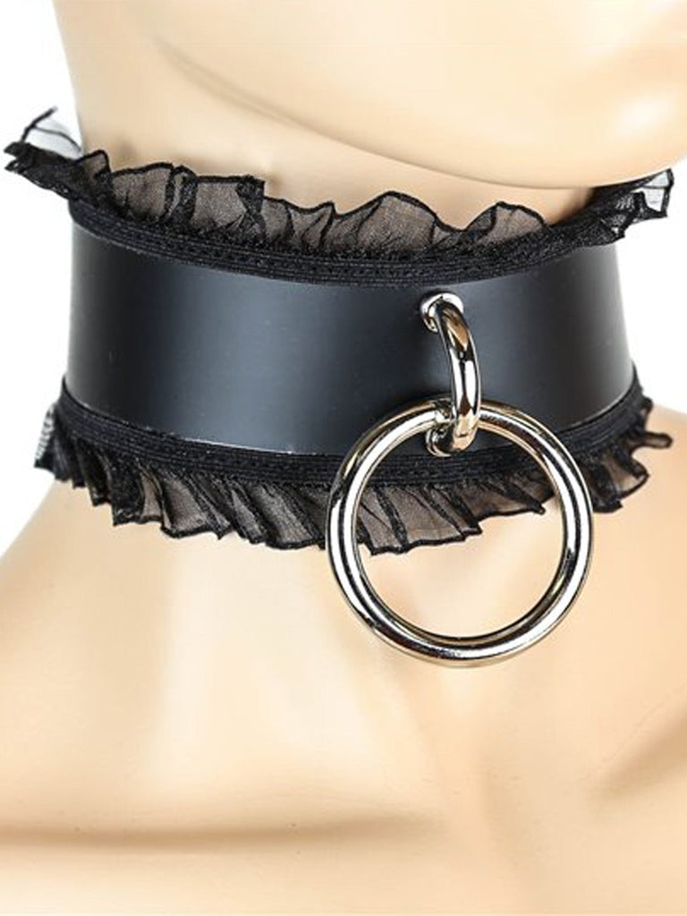 Wide Leather & Lace O Ring Choker