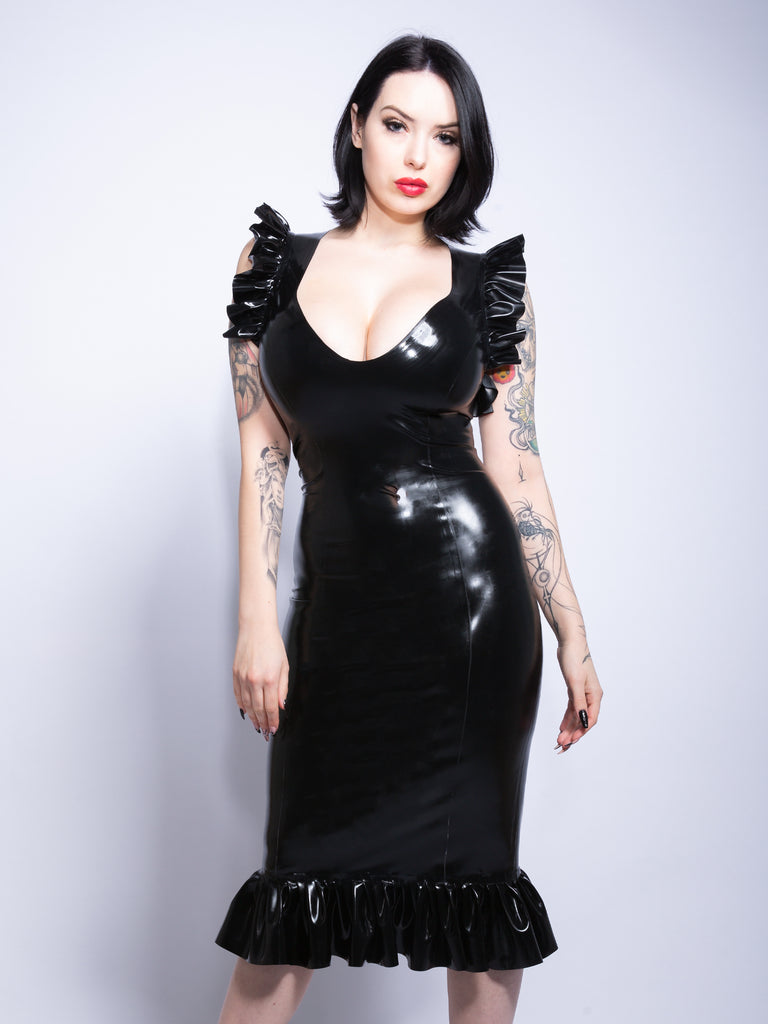 Frilly Plunge-Neck Dress - Honour Clothing