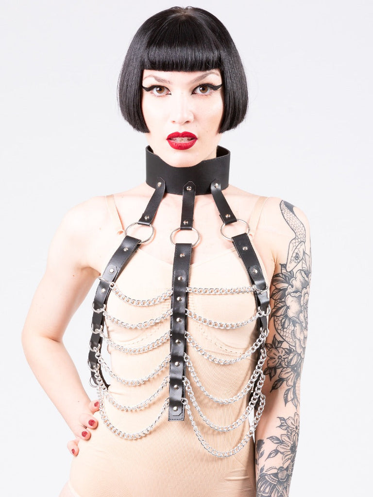 Leather High Neck Chain Chest Harness