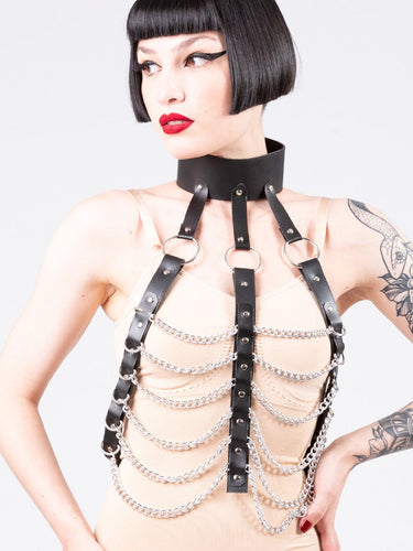 Leather High Neck Chain Chest Harness