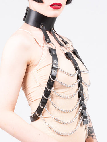 Leather High Neck Chain Chest Harness