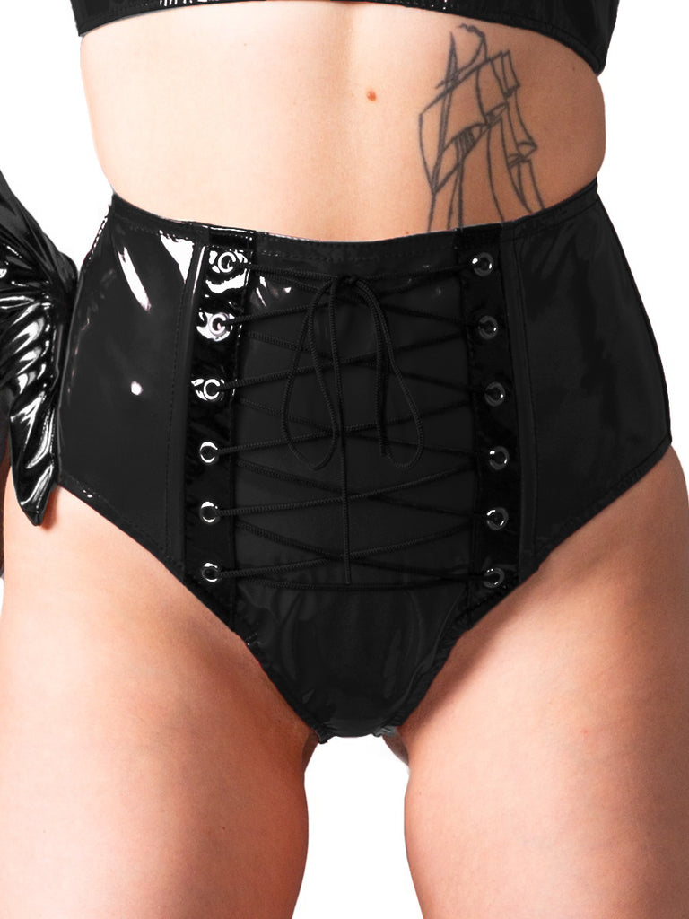 PVC Bordeaux Burgundy Lace Up Knickers - Honour Clothing